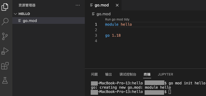 go mod init hello运行结果