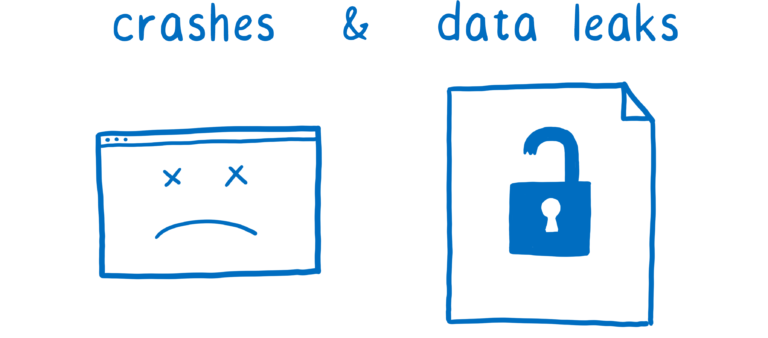 A frowning terminal window indicating a crash, and a file with a broken lock indicating a data leak